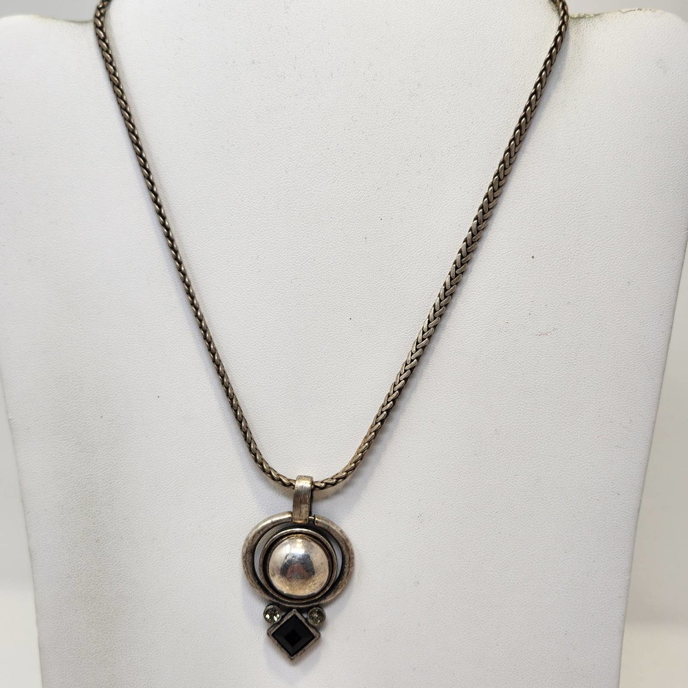 Chicos Silver Tone Round Geometric Pendant Necklace Black Clear Rhinestone